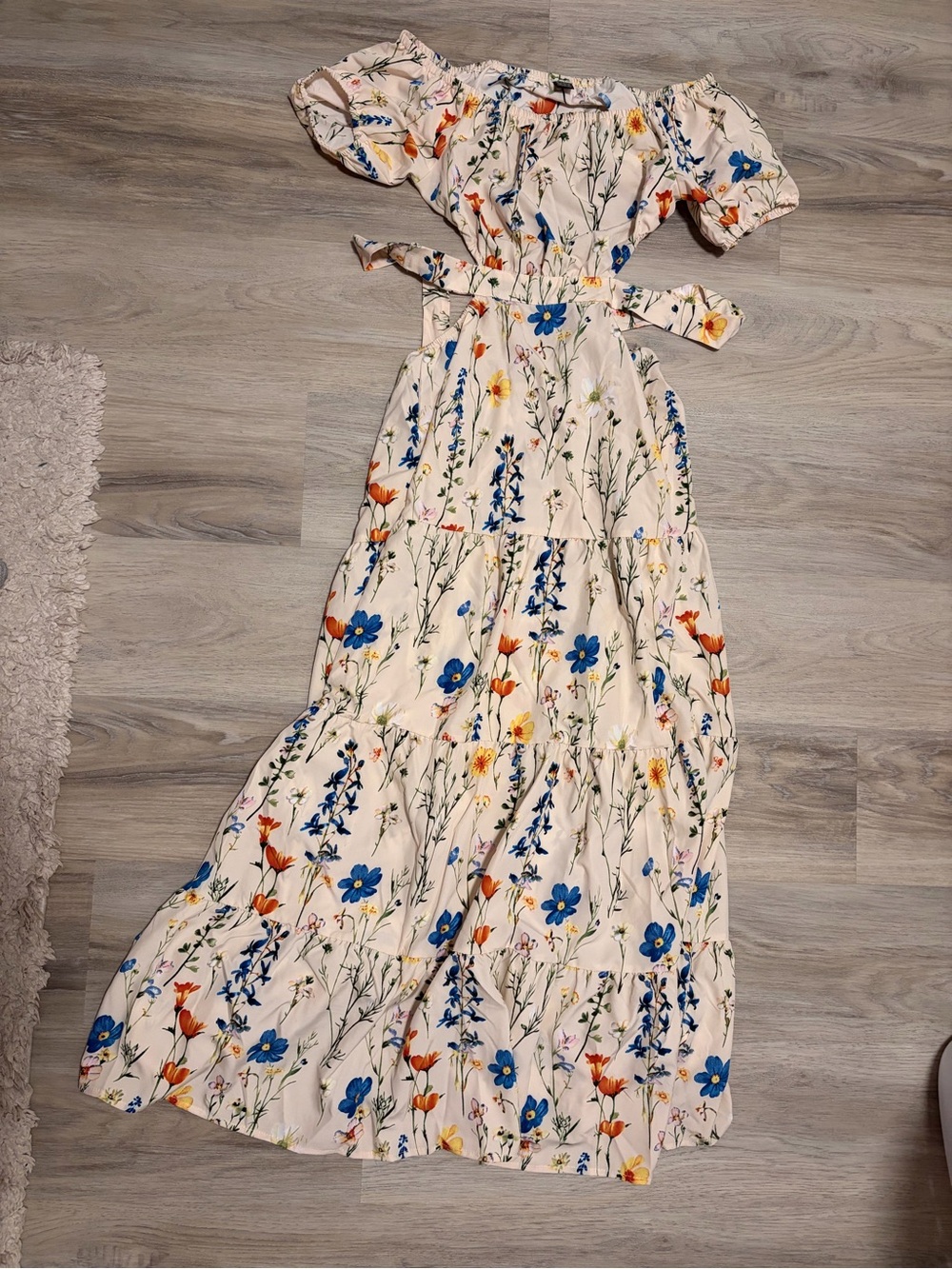SHEIN Cream Off-Shoulder Floral Maxi Dress with Blue & Orange Flowers